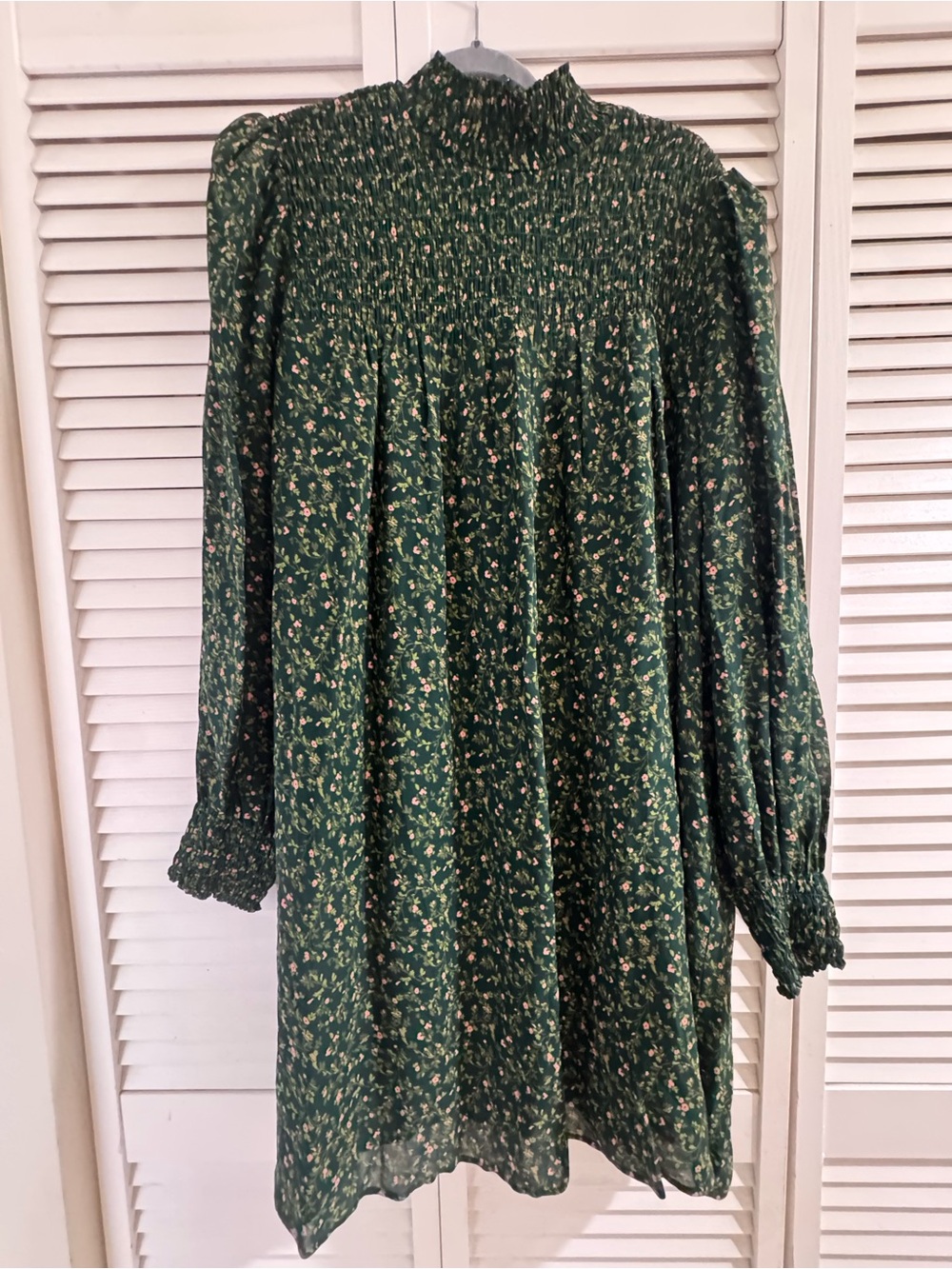 Reformation Green Floral Smocked High-Neck Dress